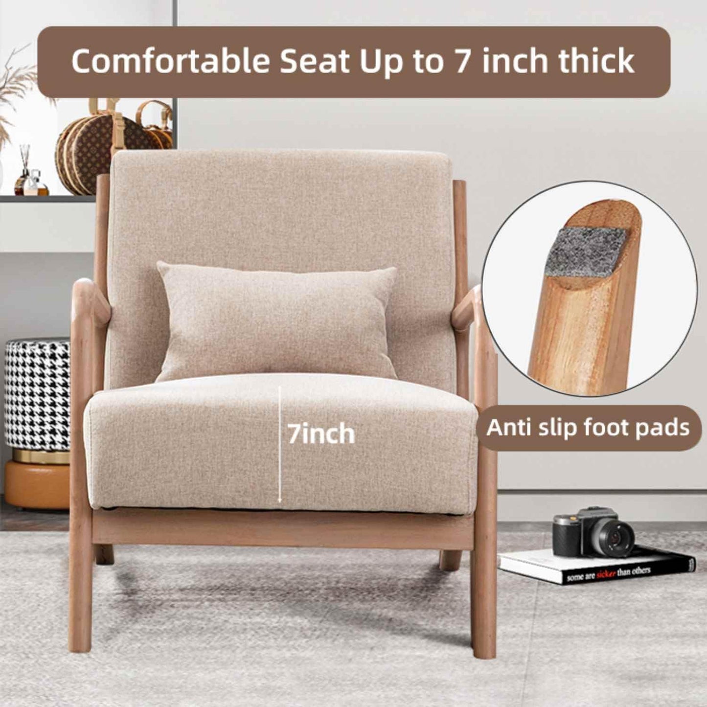 INZOY Mid-Century Modern Accent Chair Set of 2, Upholstered Living Room Chairs with Waist Cushion, Reading Armchair for Bedroom Sunroom