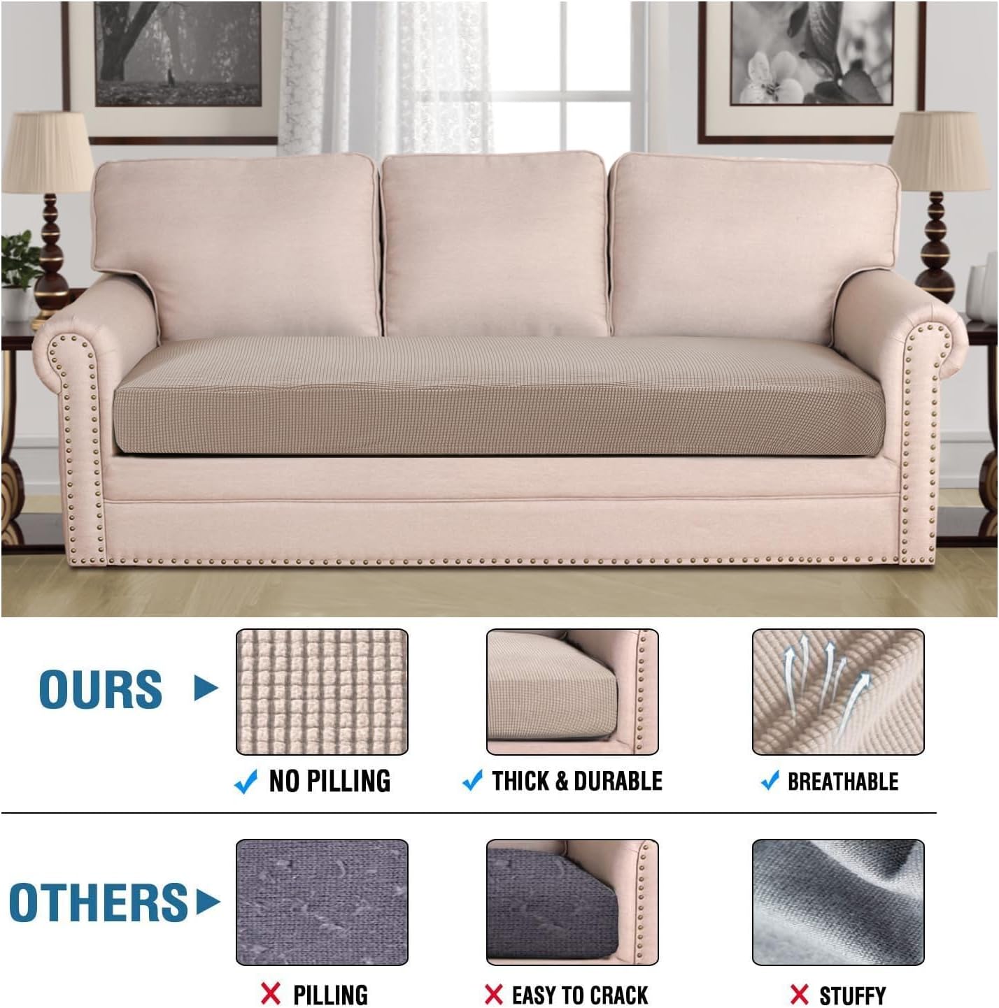 H.VERSAILTEX Super Stretch Individual Seat Cushion Covers Sofa Covers Couch Cushion Covers Slipcover Sets Thick Jacquard Textured Twill Fabric (1 Piece Sofa Cushion Cover, Sand)