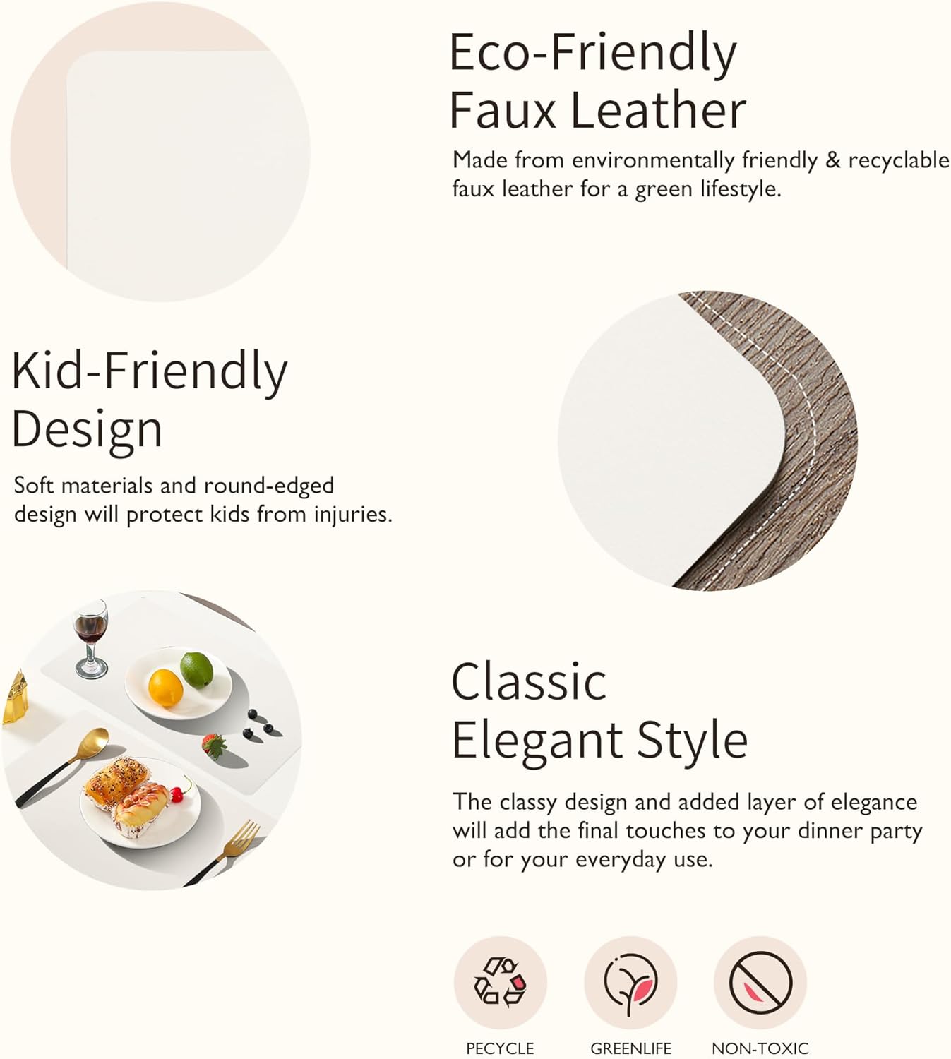 Maxpearl Faux Leather Placemats Set of 4, Waterproof - Wipe Clean - Heat Resistant - Anti Slip Dining Table Place Mats, Suitable for Indoor & Outdoor Use, 17’’×12’’, Ivory White