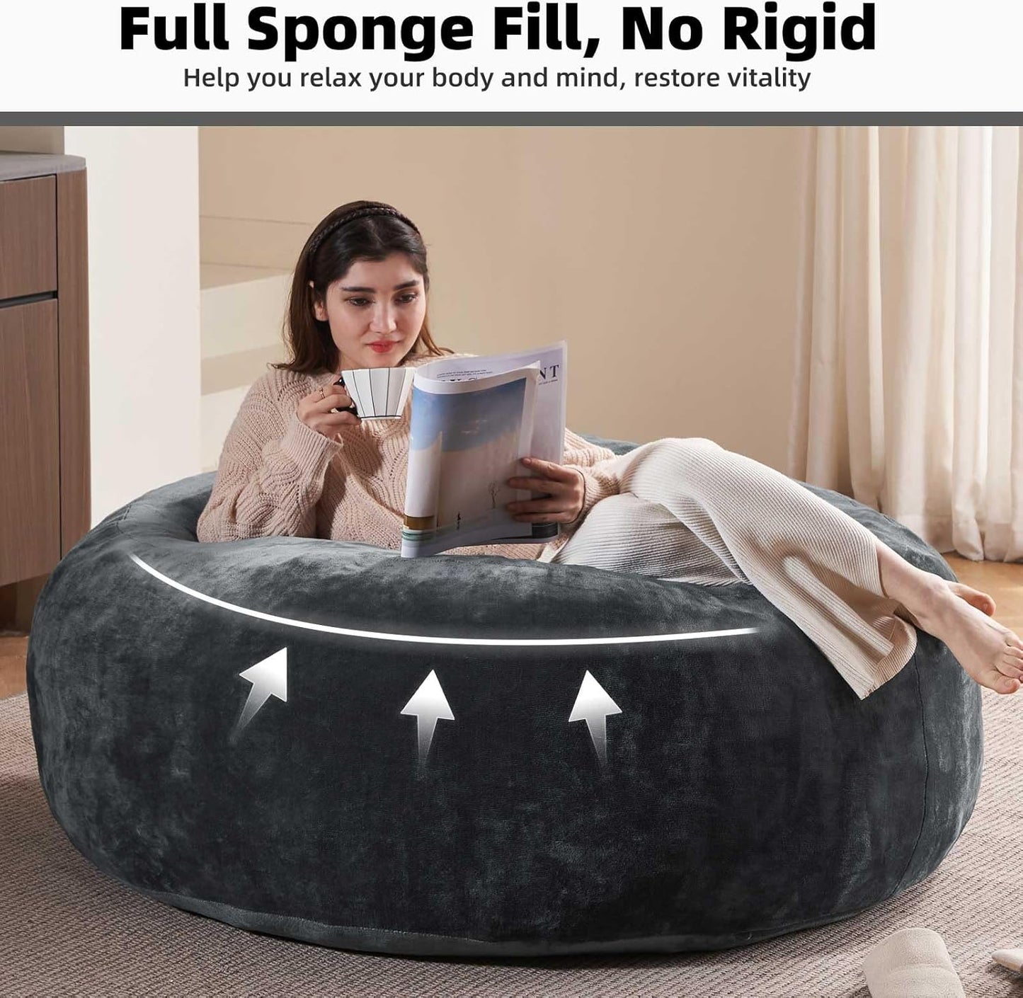 5FT，Big Bean Bag Chairs for Adults，Large beanbag with Filler Included，Memory Foam Material，Easy to Clean and Washable Corduroy Fabric，Suitable for Living Room and Bedroom (Dark Gray, 5 Foot)