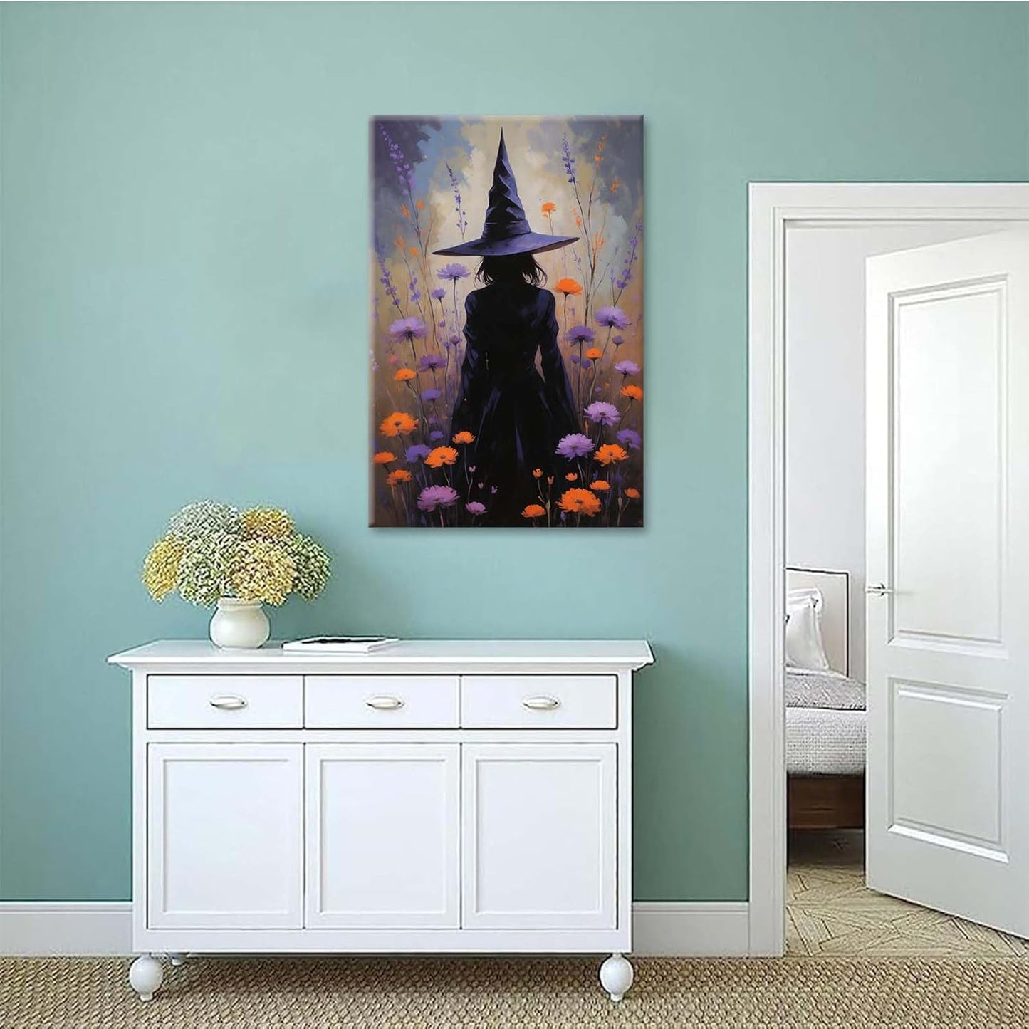 JFHCQJPK Country wildflower witch canvas print halloween mashup art witch purple decoration bohemian elegant art poster16x24in Frameless