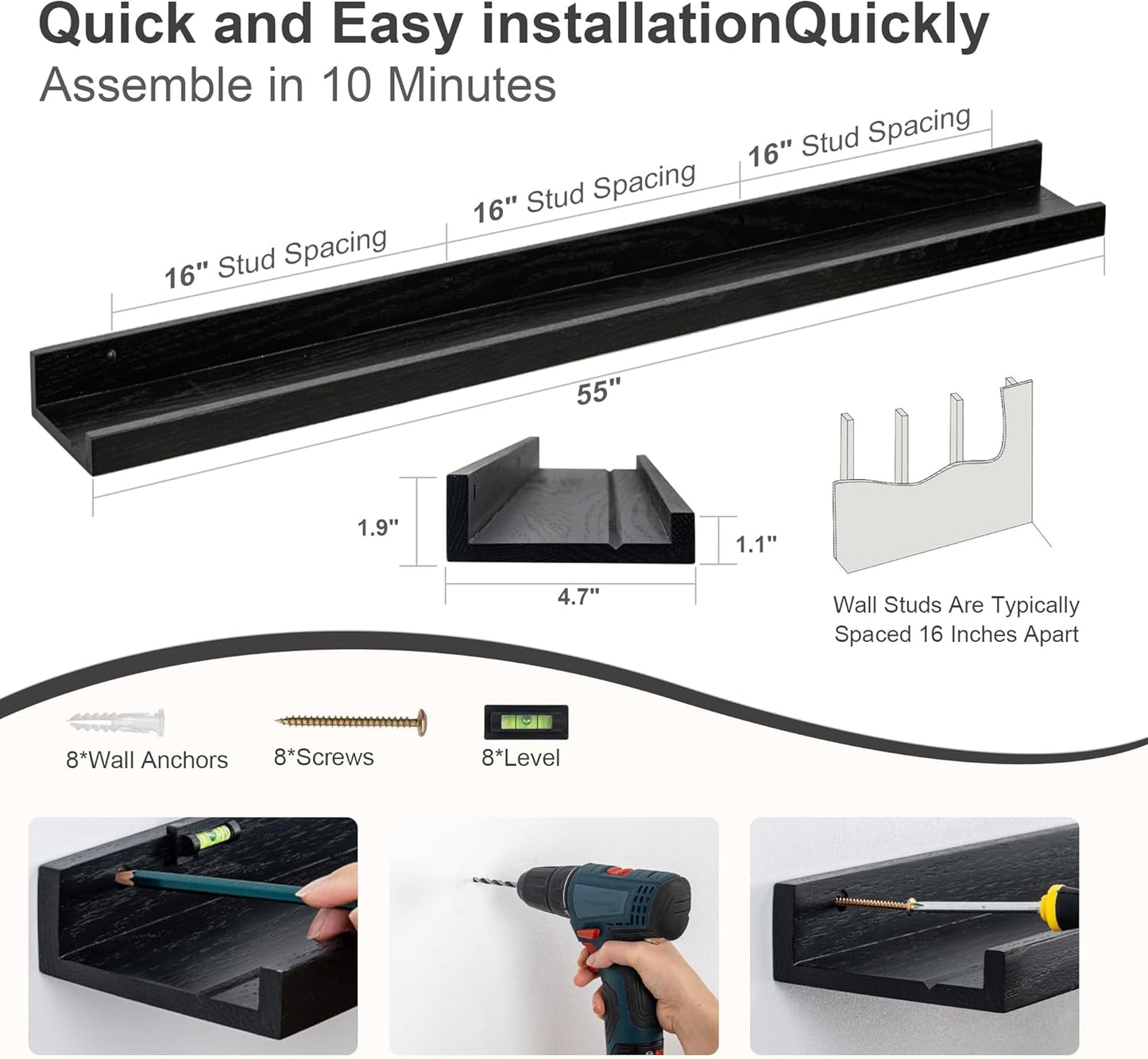 Floating Picture Ledge Shelves 55 Inch Solid Oak Wood Set of 2, Rustic Wall Storage Shelves with Lip, Kids Bookshelf, Photo & Picture Ledge Shelves for Bedroom, Living Room, Kitchen