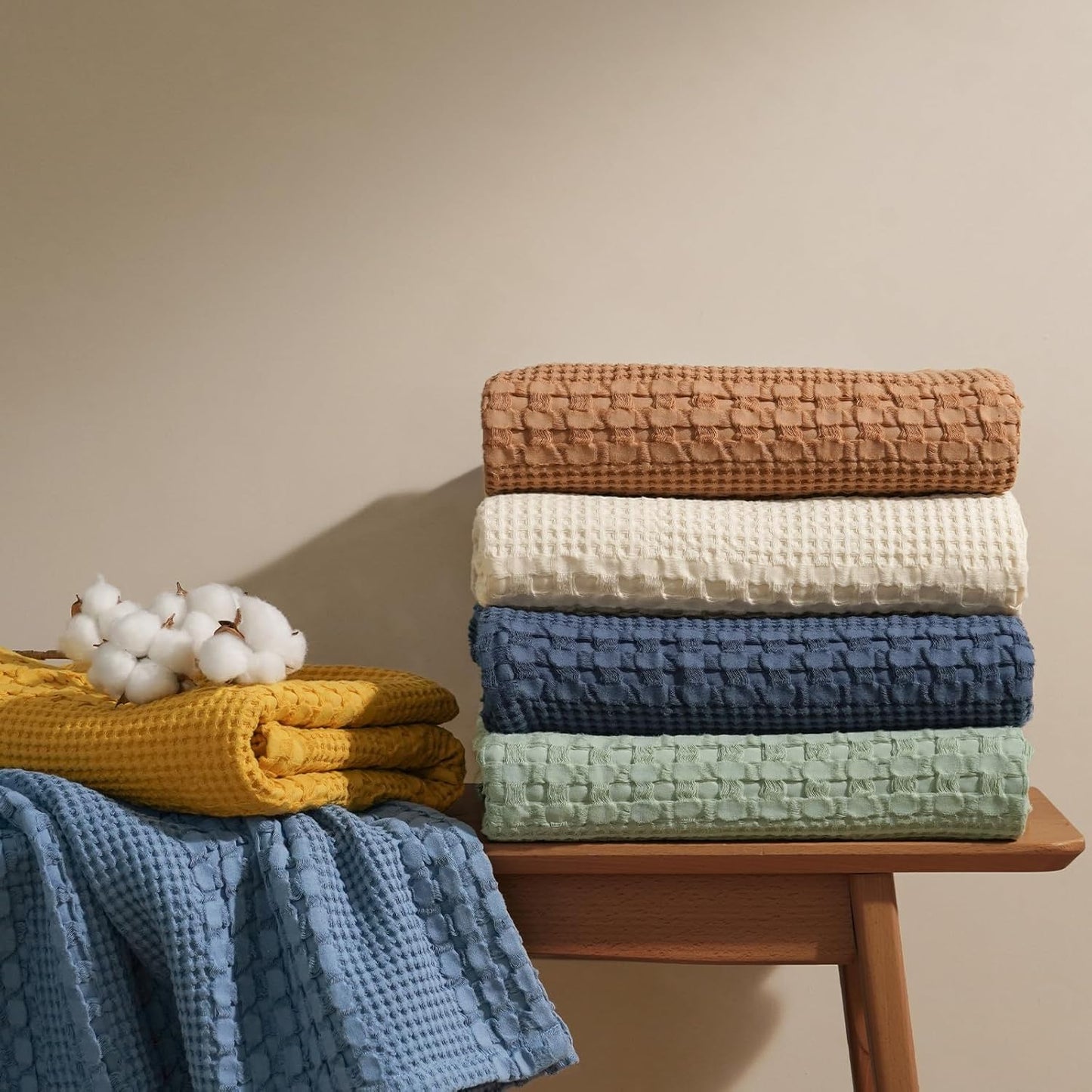 PHF 100% Cotton Waffle Weave Blanket Queen Size, Soft Lightweight Breathable Cozy Summer Blankets for Bed, Luxury Aesthetic Woven Bedding for Home Decor, 90"x90", Pink/Mauve