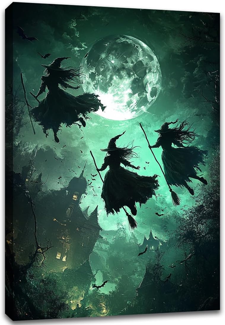Flying Three Witches Halloween Canvas Wall Painting,Witches on Broom Under Full Moon Castle Victorian Decoration Haunted House Retro Poster for Living Room Bedroom Gallery,24"x36" Framed