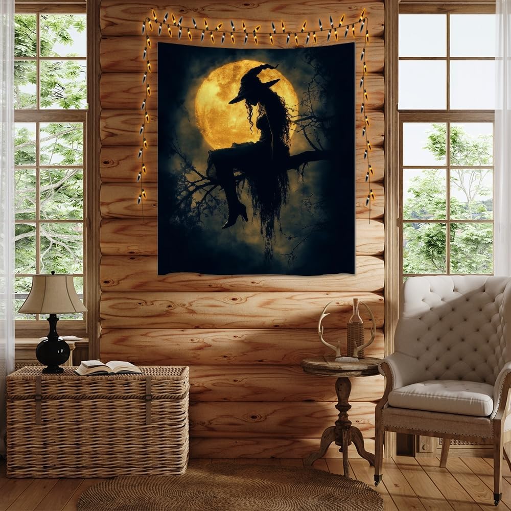 Halloween Witch Tapestry Wall Art Witchcore Moon Aesthetic Print Dark Academia Gothic Tapestries Wall Hanging Horror Ghost Halloween Party Decor for Home Living Room Bedroom 70x90inch