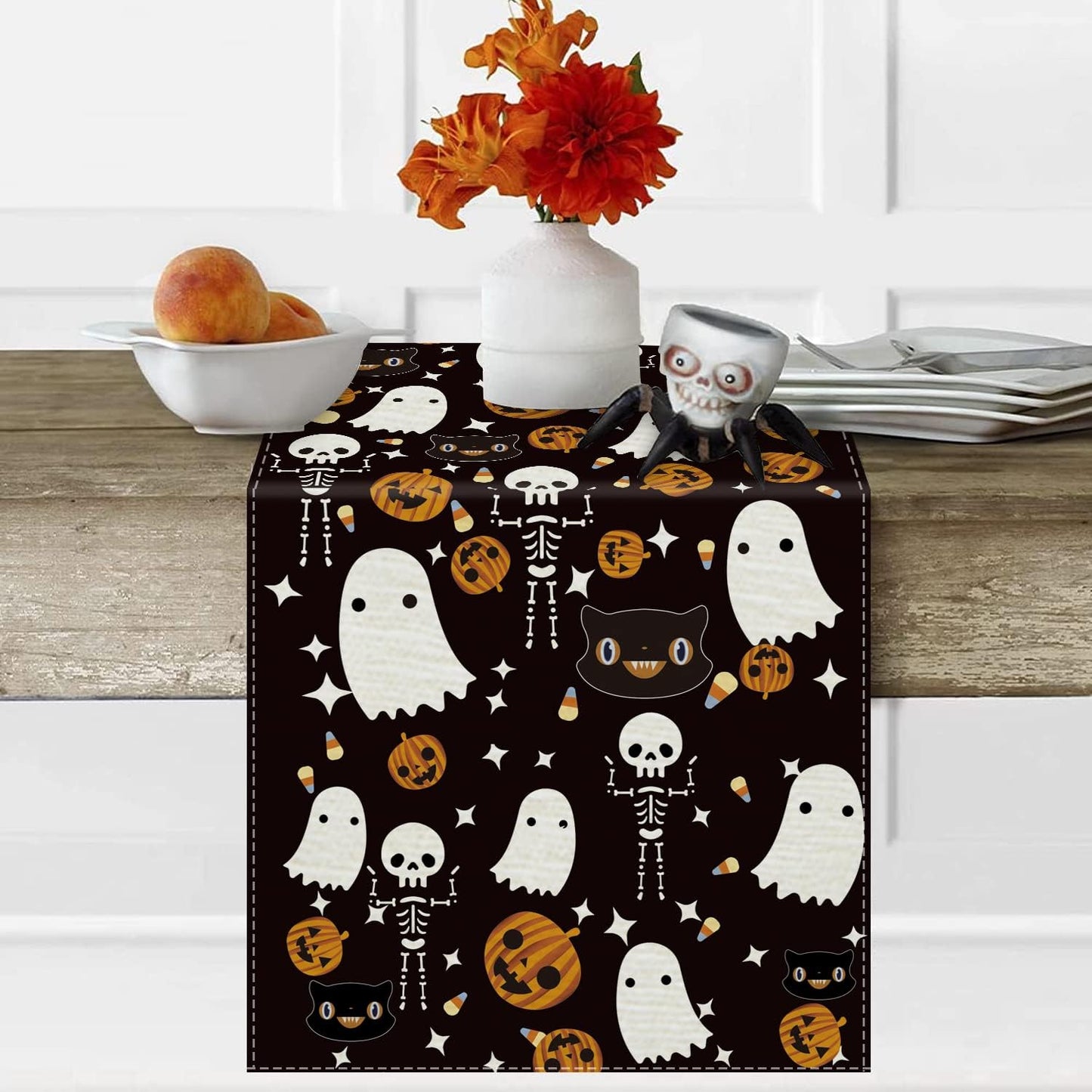 GAGEC Halloween Table Runner Black Cat Pumpkins Seasonal Kitchen Dining Table Home Outdoor Party Decorations (13'' x 108'')