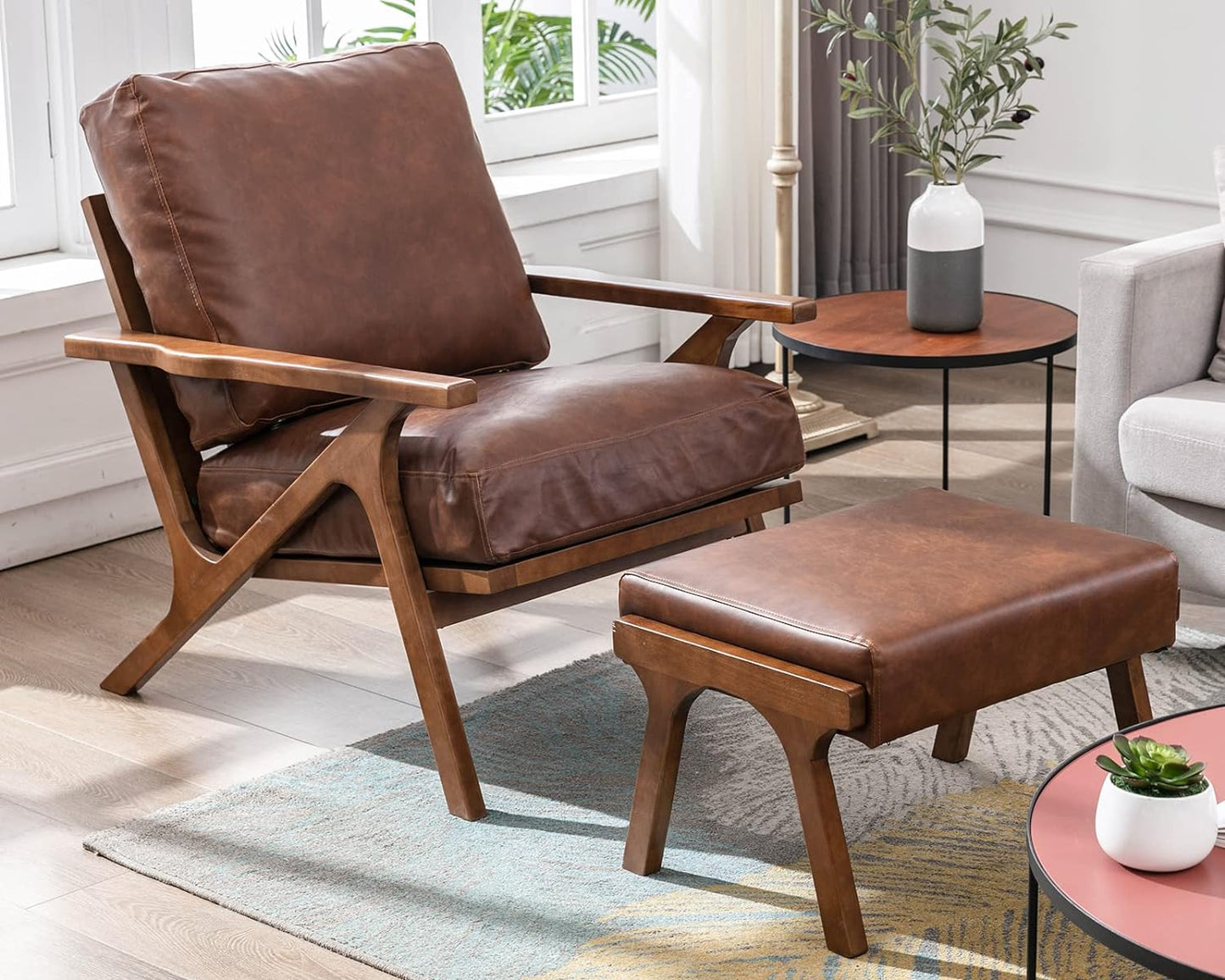 Mid Century Modern Accent Chair with Ottoman, Farmhouse PU Upholstered Living Room Armchair and Ottoman Set, 23" Seat Wide Retro Leisure Lounge Chair with Wood Frame for Home, Bedroom, Office, Brown