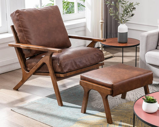 Mid Century Modern Accent Chair with Ottoman, Farmhouse PU Upholstered Living Room Armchair and Ottoman Set, 23" Seat Wide Retro Leisure Lounge Chair with Wood Frame for Home, Bedroom, Office, Brown