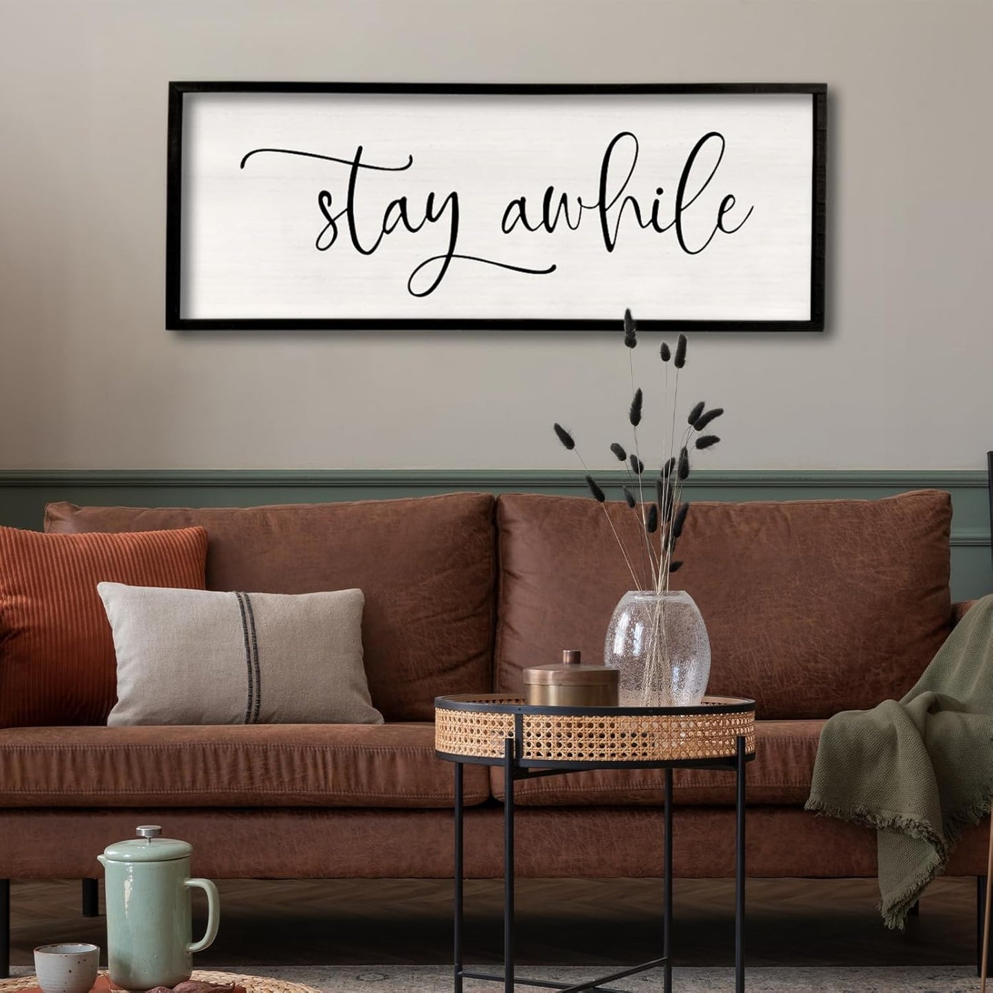 Stay AWhile Sign Wall Decor Sign 40"X15" Large Living Room Entryway Wood Framed Rustic Wall Decor for Vintage Farmhouse Foyer Hanging Lets Stay Home Wall Art (Black)