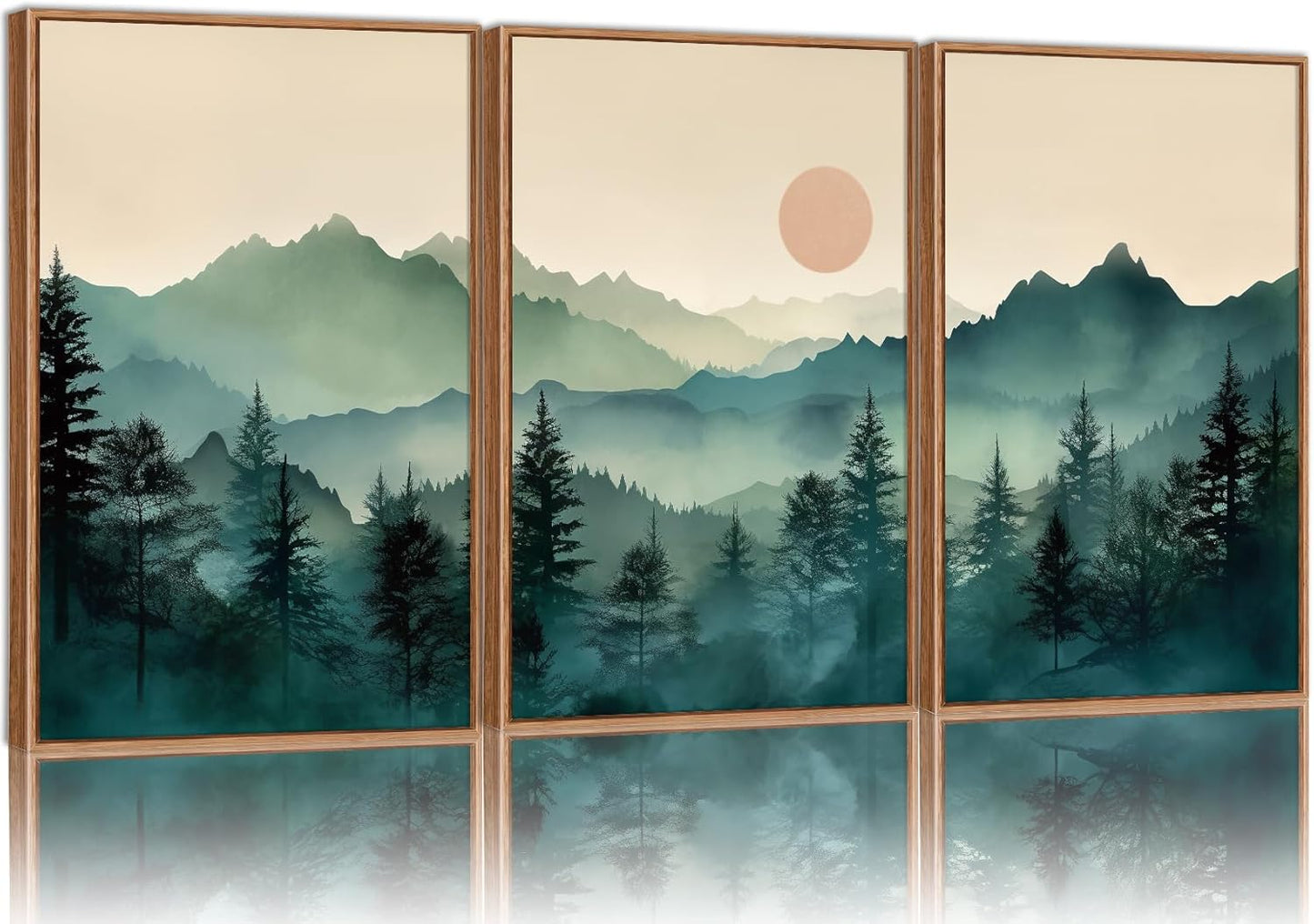 SIGNINART Large Mountain Framed Canvas Wall Art Set, Abstract Misty Forest Wall Decor, Foggy Nature Pine Tree Wall Painting, Modern Boho Sunrise Art Prints for Bedroom Living Room and Office 24"x36"x3