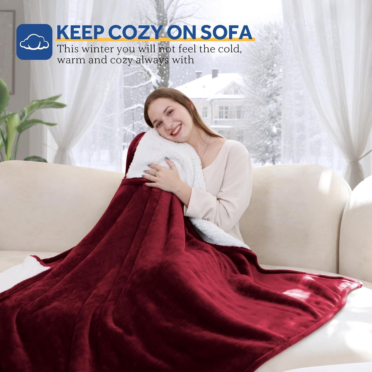 Sealy Electric Blanket Throw Size 50"*60",Super Cozy Flannel to Sherpa Reversible Heated Blanket Throw with 6 Heating Levels & 2-10 Hours Auto Off Overheating Protection Machine Washable,Red