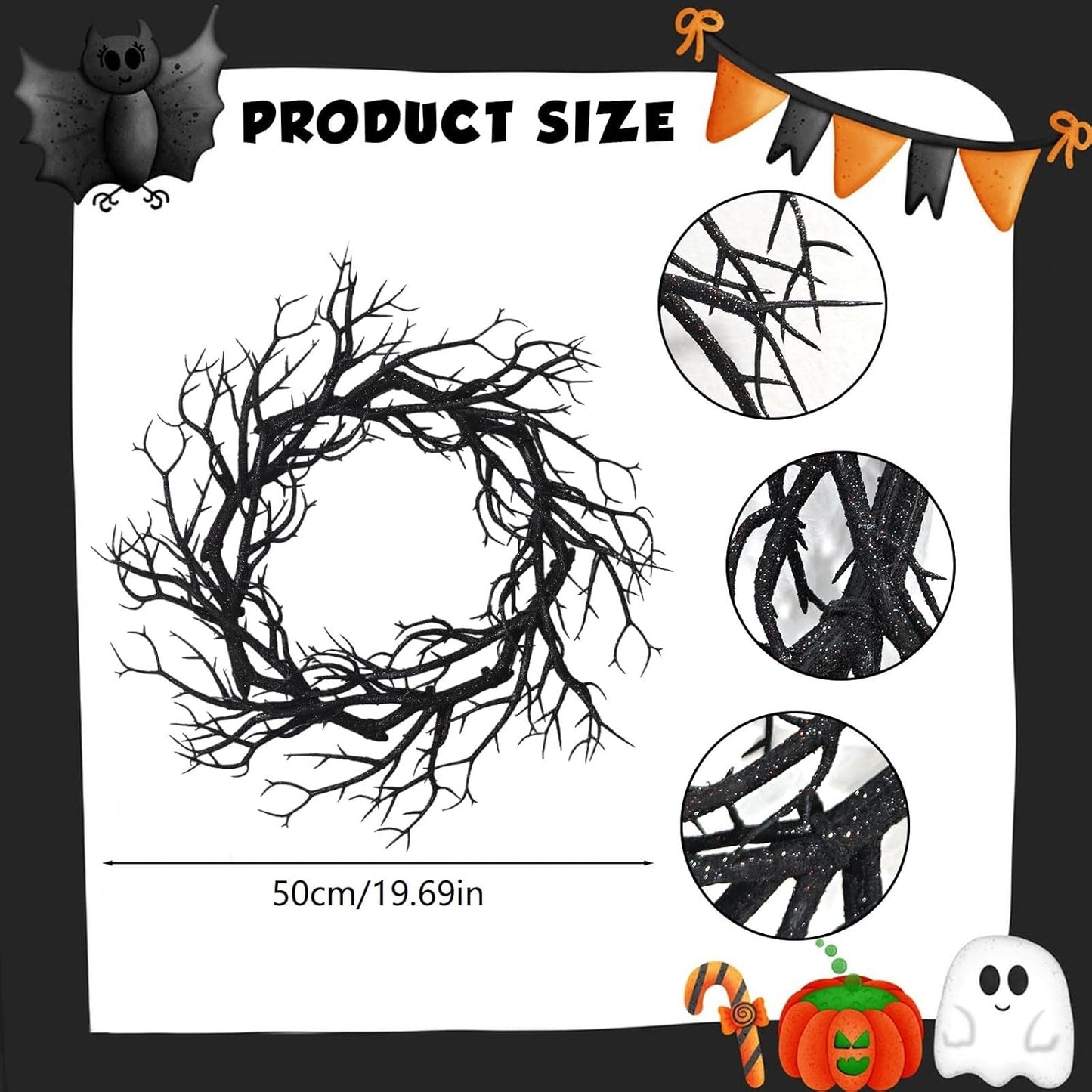 Halloween Black Branch Wreath - 20 Inch Glitter Black Twig Halloween Wreaths with Red Lights for Front Door Indoor Outdoor Party Window Wall Decor Farmhouse Garland Yard
