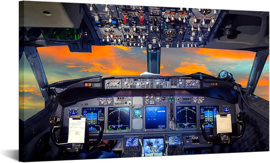 KREATIVE ARTS Canvas Prints Wall Art Airplane Cockpit Flight Deck in Sunset Photo Art Print Plane Poster Modern Home Decor Stretched and Framed Ready to Hang for Office Decorations 20x36inch
