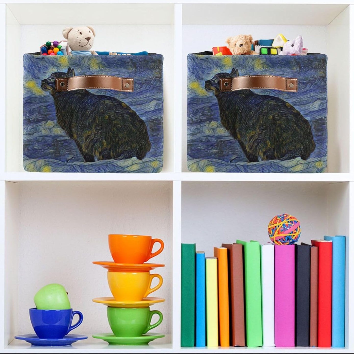 susiyo Storage Baskets for Shelves Organizer Baskets with Metal Frame Closet Storage Bins Fabric Bins Cubes with PU Handles for Organizing Shelf Nursery Toys 2 PACK,Black Cat