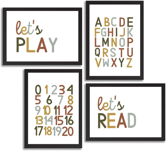 4 Pcs Boho Playroom Canvas Wall Art Nursery Toddler Educational Let's Read Let's Play Painting Pictures Wall Decor Posters Print Artwork for Girl Boy Childs Room Classroom Home Decoration Unframed
