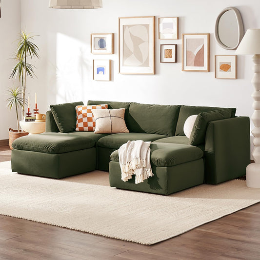 mopio Oversized Modular Sectional Sofa with Fully Removable Covers and Storage, Convertible U, L-Shaped and Sleeper Sectional, Modern Couches with Ottoman Chaise (Olive Green Velvet, 5 Seats, U)