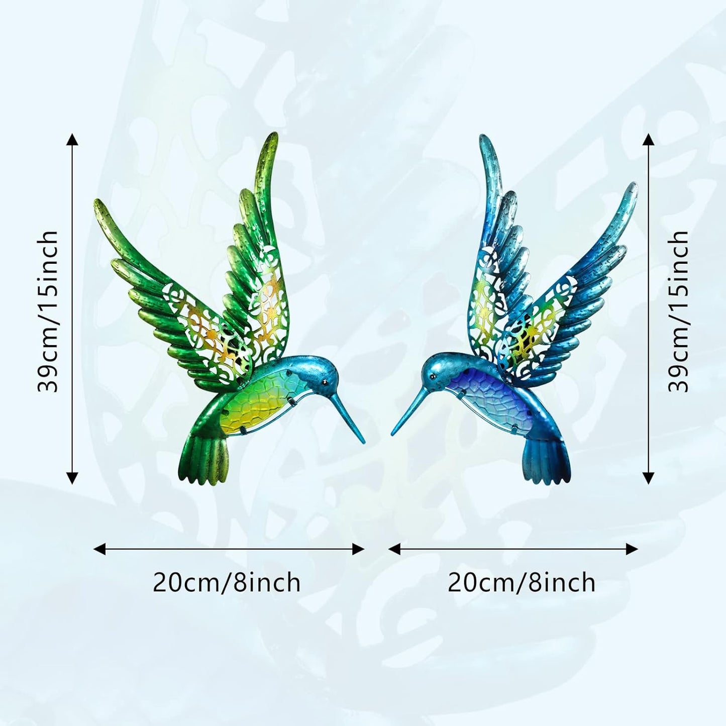 HONGLAND Metal Hummingbird Wall Art 15inch Metal Birds Wall Sculpture Garden Decoration Outdoor Statue Patio Fence Hanging Plaques 2 Pack