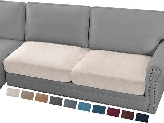 PrinceDeco Velvet Couch Cushion Cover Soft Stretch Cushion Slipcover for Chair Loveseat Sofa Cushion Furniture Protector Seat Cushion Sofa Cover (2 Piece Large Sofa Cushion Covers, Ivory)