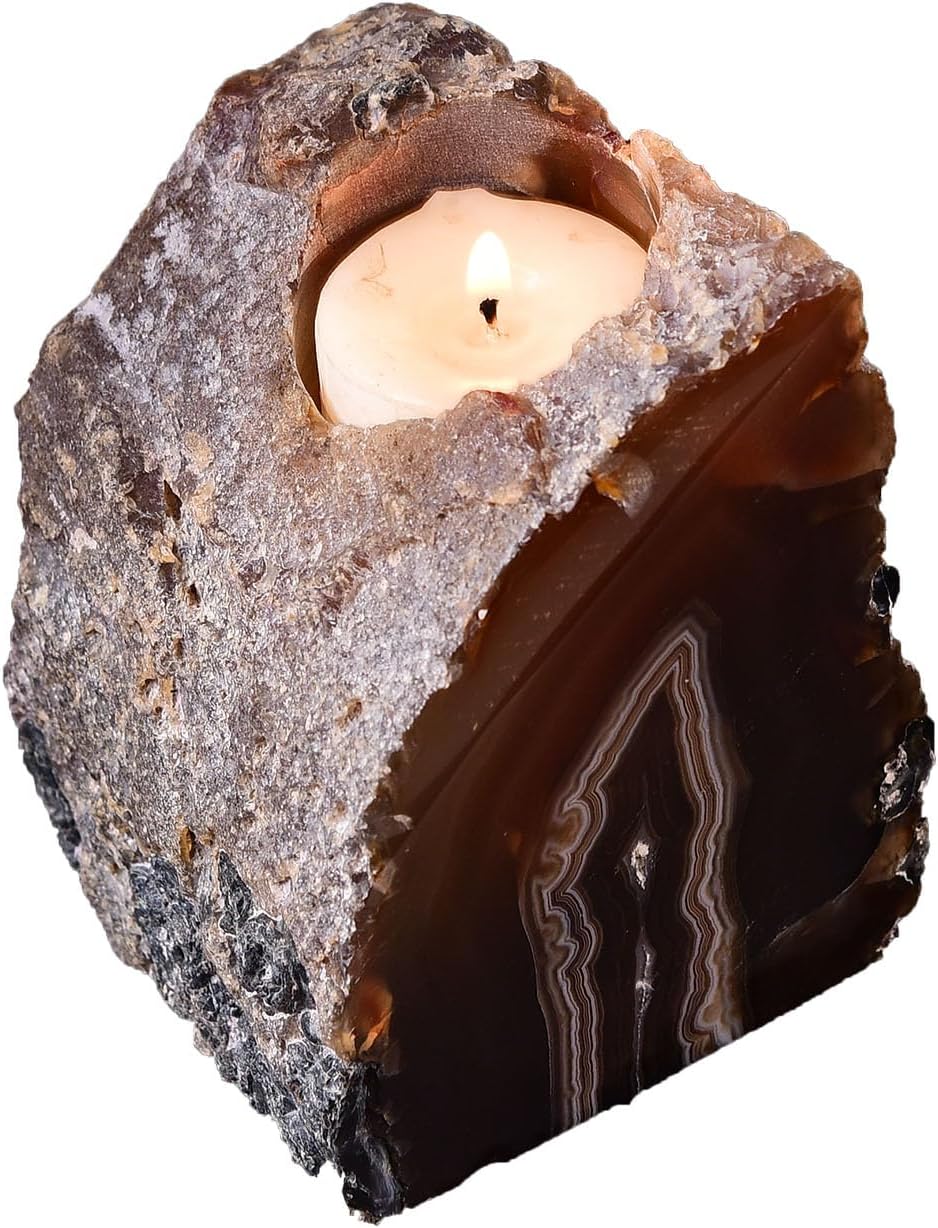 AMOYSTONE Earth Tone Agate Candle Stand 1.5-2lb Spa & Yoga Studio Essential | Natural Brazilian Stone | Meditation Sanctuary Decor | Eco-Friendly Spiritual Gift