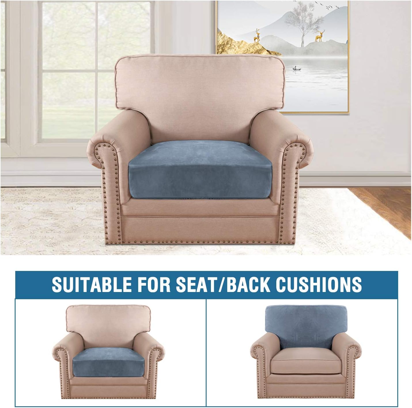 H.VERSAILTEX Velvet Stretch Couch Cushion Cover Plush Cushion Slipcover for Chair Cushion Furniture Protector Seat Cushion Sofa Cover (1 Piece Armchair Cushion Covers, Stone Blue)