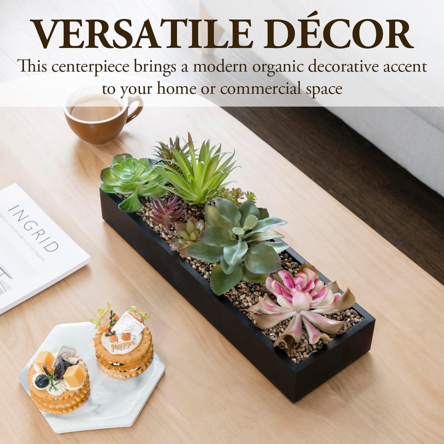 MyGift Artificial Assorted Succulent Arrangement in Rectangular Black Wood Planter Box, Fake Plant Decor