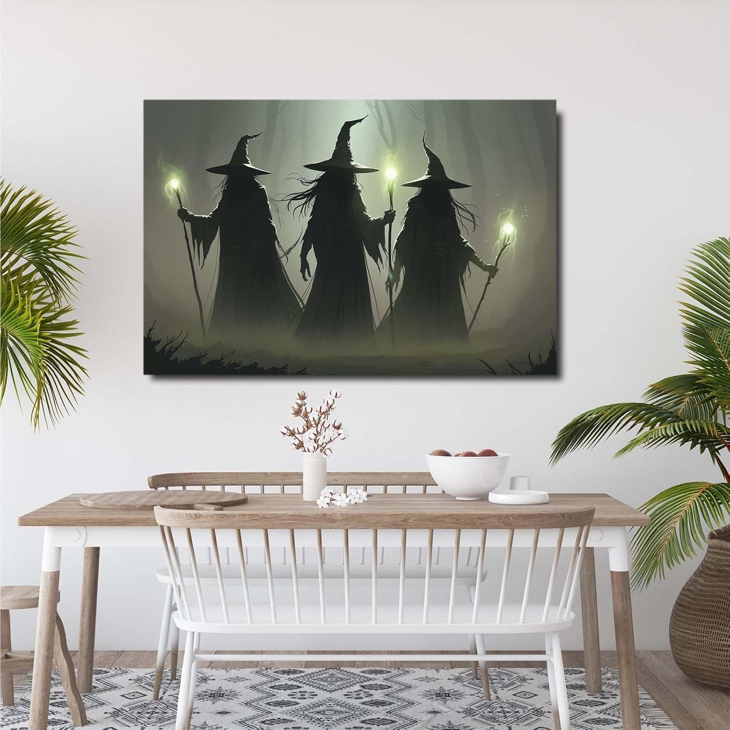 JFHCQJPK Vintage 3 witches canvas wall decor melancholy dark Halloween poster wall decor holding a staff print Gothic horror Halloween painting print for living room bedroom32x48in Frameless