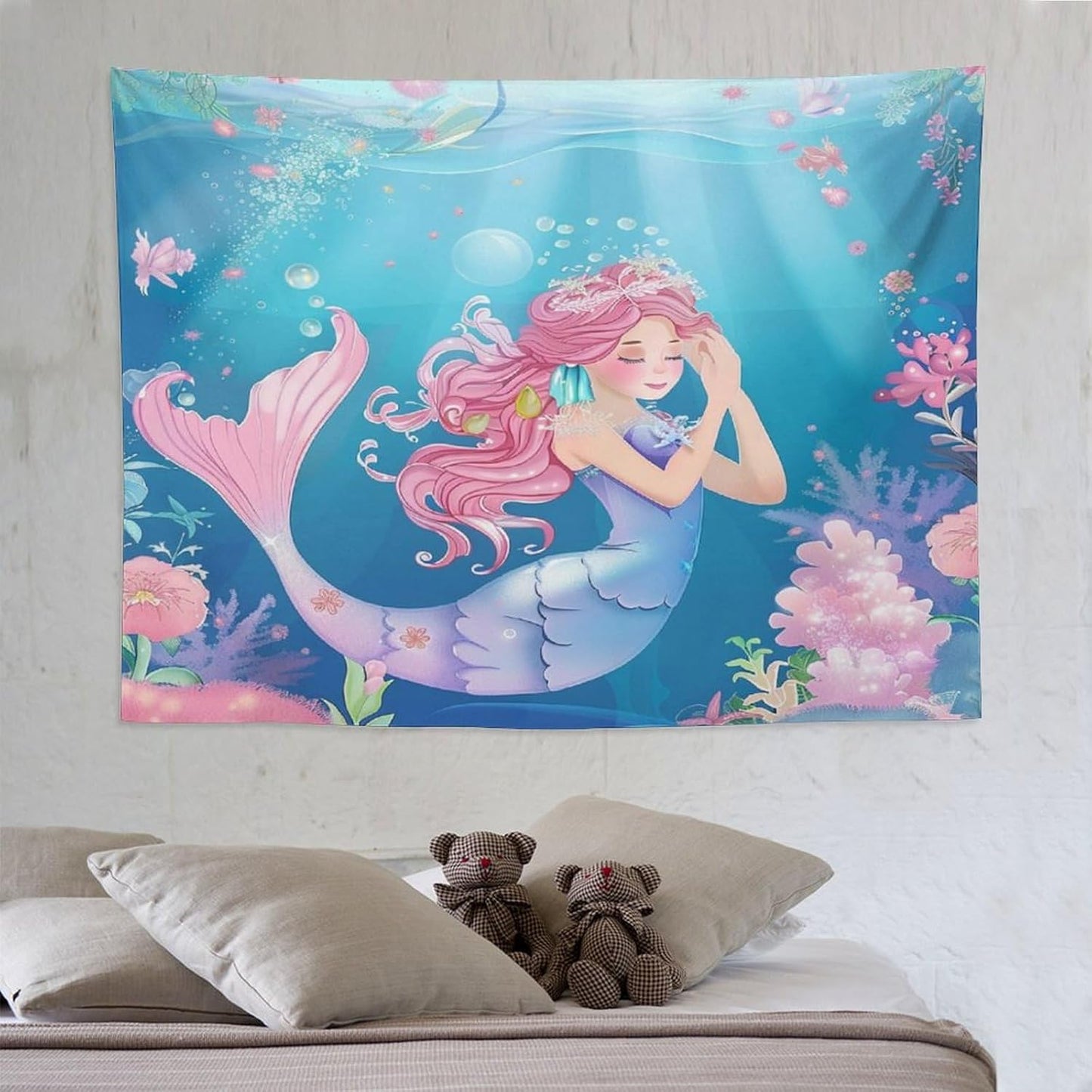 HZOHNAGO Mermaid Girls Tapestry Watercolor Flowers Mermaid Princess Blessing Pattern for Kids Room Decoration Printed Wall Tapestry Wall Hanging for Bedroom Living Room Dorm 80" W x 60" H