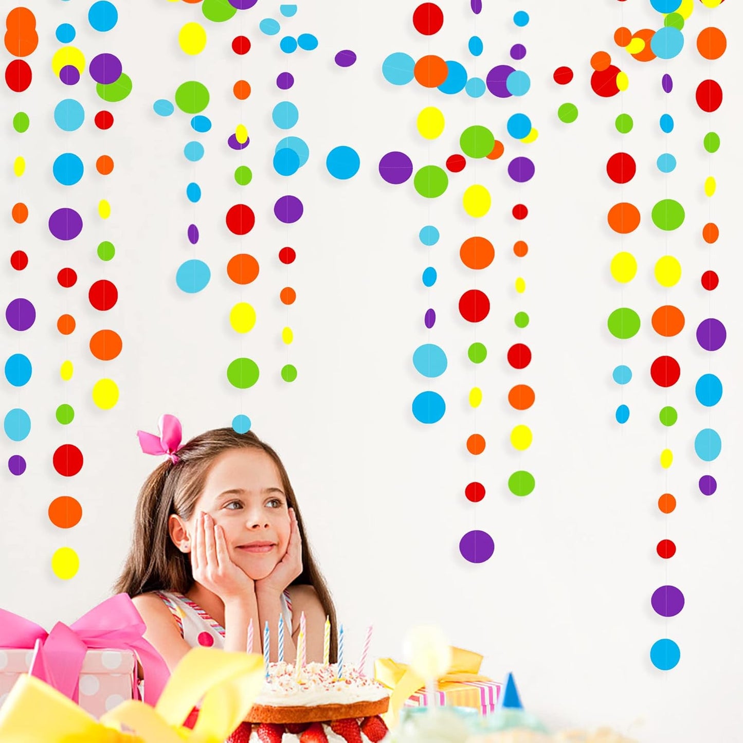 46Ft Rainbow Garland Colorful Circle Dots Hanging Paper Streamer Backdrop Multi Color Polka Dot Banner for Birthday Bachelorette Engagement Wedding Bridal Baby Shower Fiesta Party Decorations Supplies