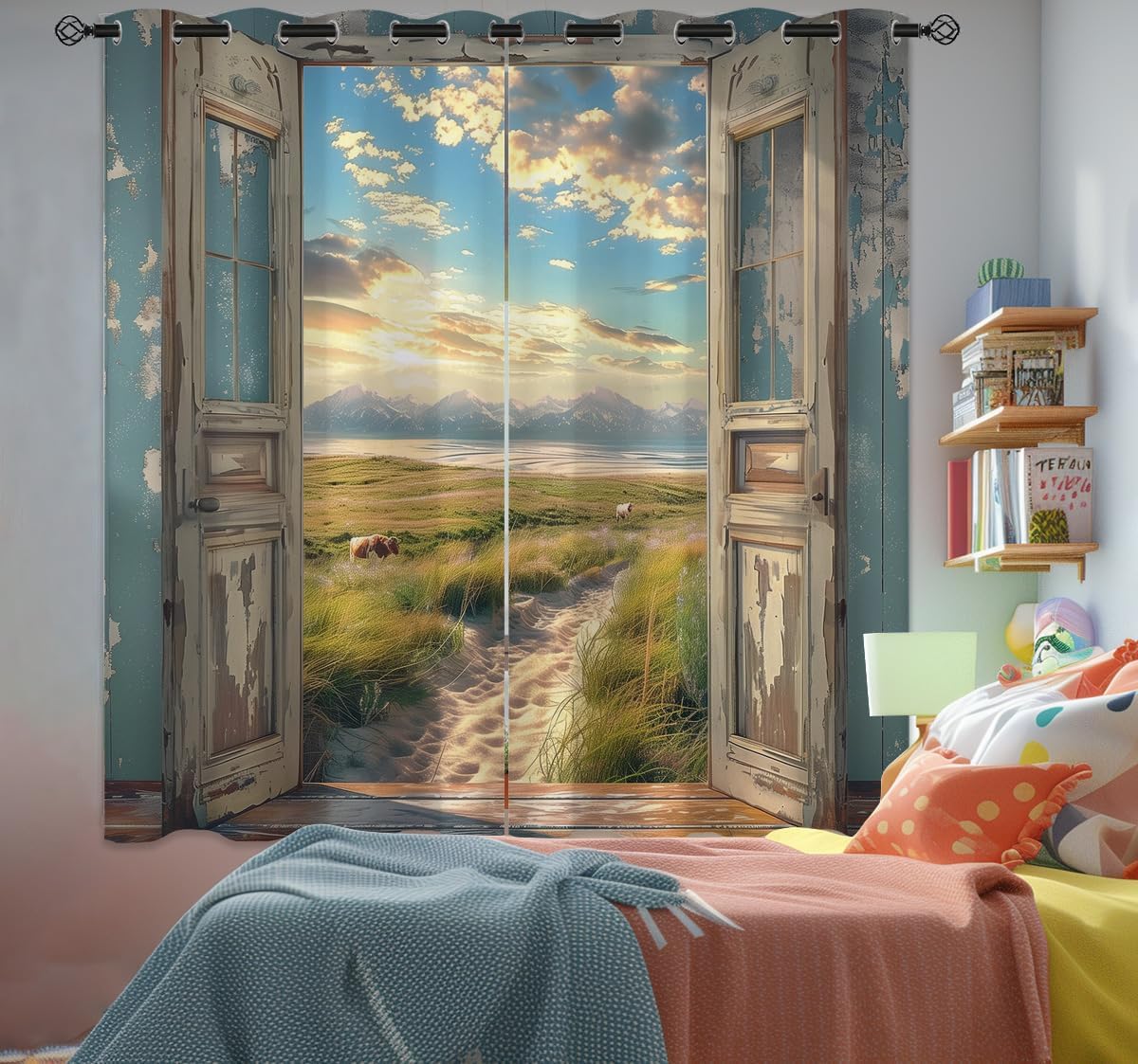 Landscape Blackout Curtains for Girls Boys Home Decor, Cow Sunset Grassland Mountain Natural Scenery Grommet Thermal Insulated Drapes Darkening Window Curtain for Bedroom Living Room, 42 x 45 Inch