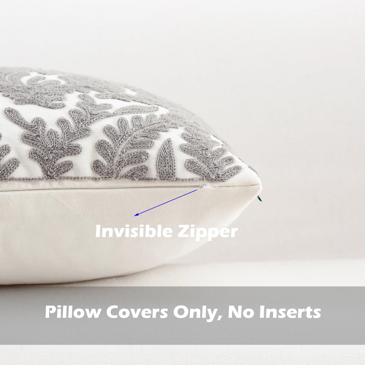 HWY 50 Grey Gray Decorative Throw Pillow Covers 18x18 Inch (1 Piece), Embroidered Cotton Farmhouse Cushion Cover Pillow Case for Sofa Couch Living Room Bed Bedroon, Floral Branches