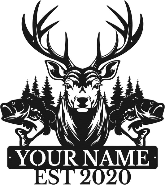 Personalized Custom Forest Deer and Fish Wall Decor, Metal Signs, Black Metal Wall Art, Custom Name Signs for Dad's Shed, Camping and Hunting Decor