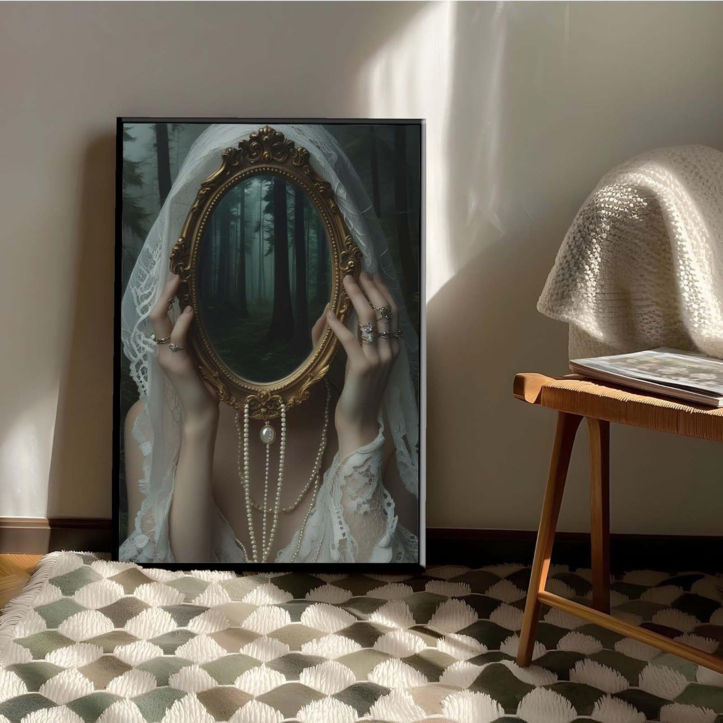 Mirror face covering dark art poster print melancholy gothic painting vintage feminine print victorian style decoration antique art20x30in Metal blackFramed