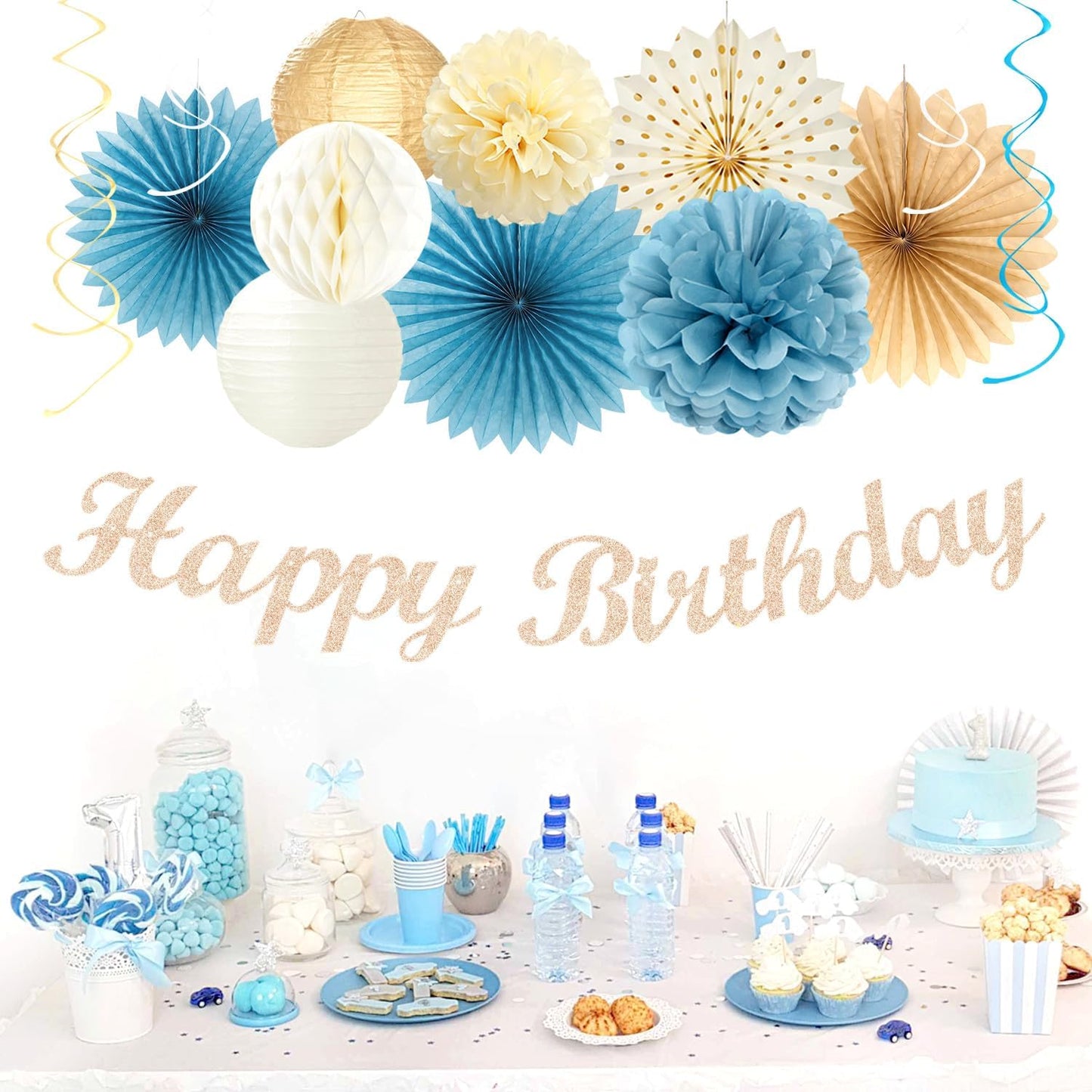 Light-Dusty Blue Beige-Champagne Women Birthday-Decorations - 21pcs Boho Neutral Happy Banner Garland,Paper Streamers Lanterns,Flower Tissue Pom Poms Fan Supplies,Wall Backdrop Party Decor Huglony