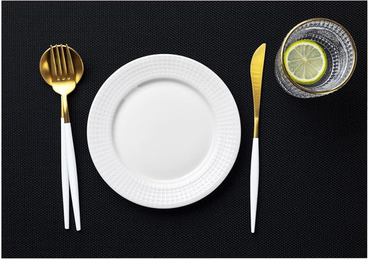 LEXMORE Placemats Set of 6 Vinyl/Plastic Woven Place Mats for Kitchen Table Indoor/Outdoor Washable Placemat Wipeable Dining Table Mats(A-Black)