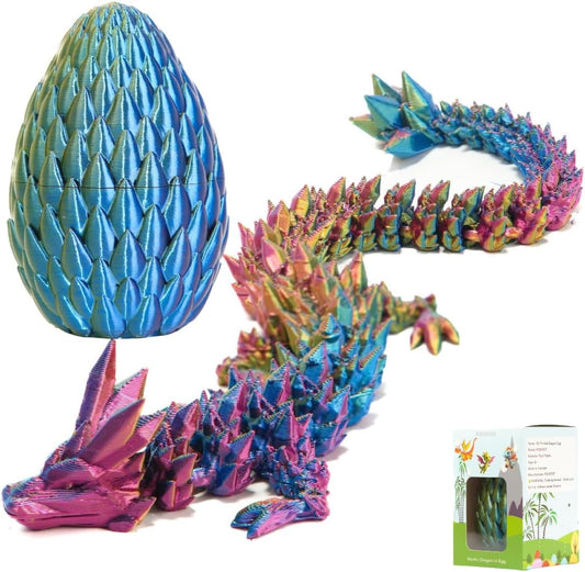 3D Printed 12” Articulated Crystal Dragon Inside 5.1” Egg – Fantasy Collectible, Fidget Toy & Stocking Easter Basket Stuffers for Home & Office Decor (Multicolor).