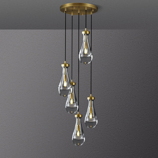 Gold 5 Light Cluster Pendant Lighting, Raindrop Chandeliers Brass Dining Room Lights Fixture, Teardrop Pendant Lights Kitchen Island, Hanging Lamp Ceiling for Entryway Foyer Staircase