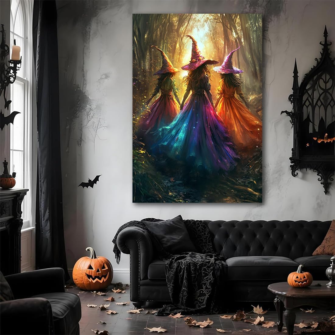 Halloween Room Decor Wall Art Colorful Witch Prints,Vintage Three Colorful Witches in Forest Halloween Posters,Fall Fantasy Aesthetic Pictures Playful Art Wall Decor for Bedroom,24"x36" Framed