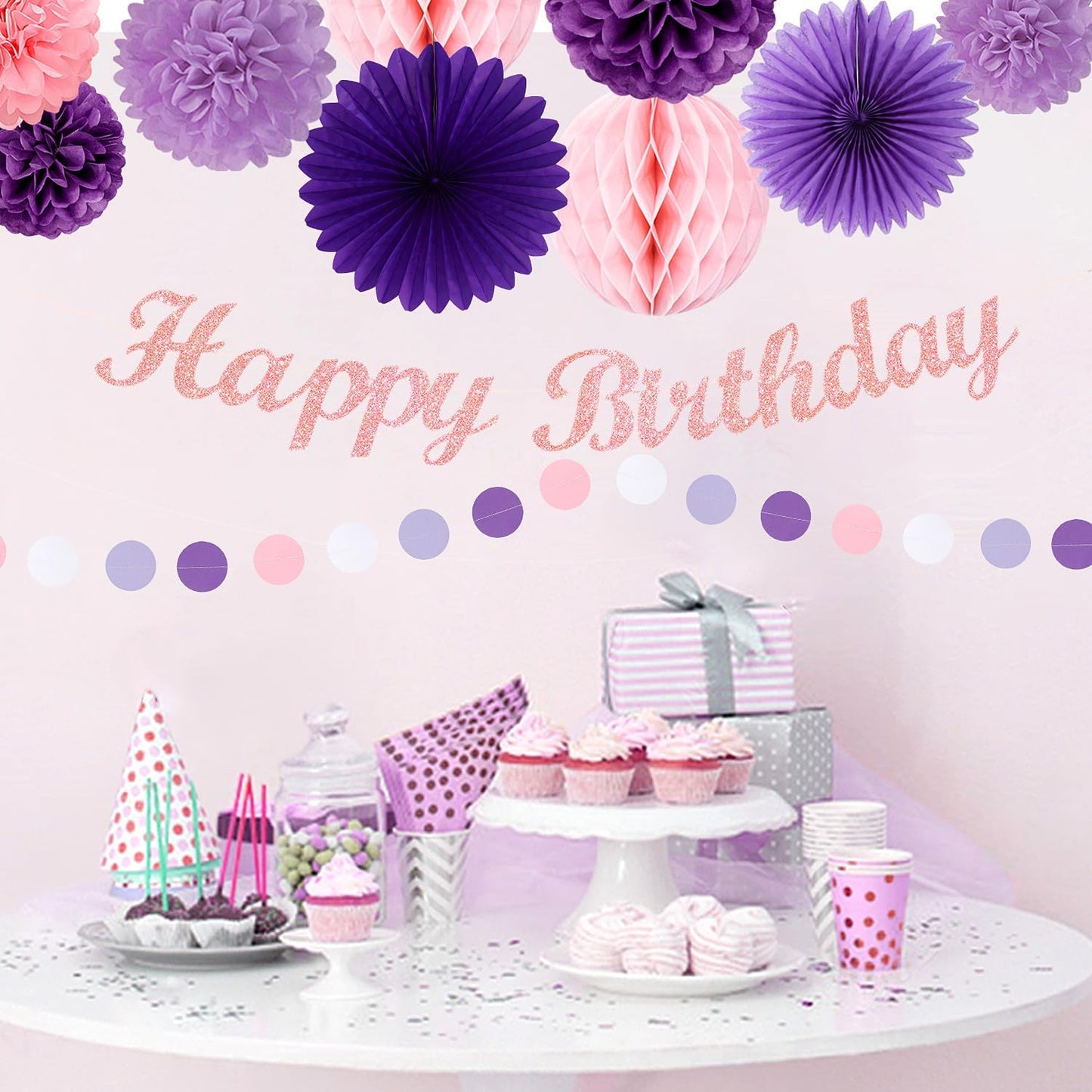 Purple Pink Birthday Party-Decorations Paper-Flowers - 14pcs Happy Banner Lavender Lanterns Tissue Pom Poms,Lilac Streamers Garland Fans Honeycomb,Women Girls Adult Kids Hanging Supplies Decor Hugfond