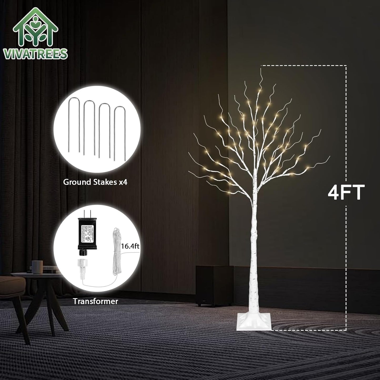 LED Birch Tree Lights, 4ft Trees with Warm White Lights, Outdoor Indoor Christmas Wedding Party Decor