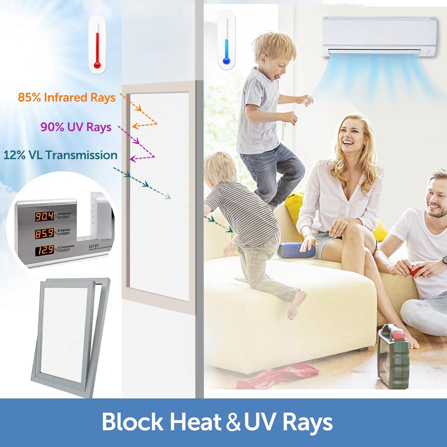 HIDBEA Frosted Window Privacy Film - Non Adhesive Static Cling Glass Stickers Sun UV Blocking Heat Control Door Covering Decals for Home Office, 11.8 x 78.7 Inch