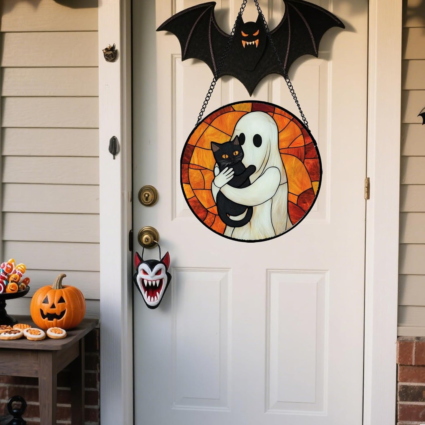 Stained Glass Window Hanging - Halloween Decorations White Ghost Black Cat Suncatcher for Doors Garden Spooky Funny Orange Sun Catchers Gothic Decor Horror Gifts for Women Men Friend 11.8 in