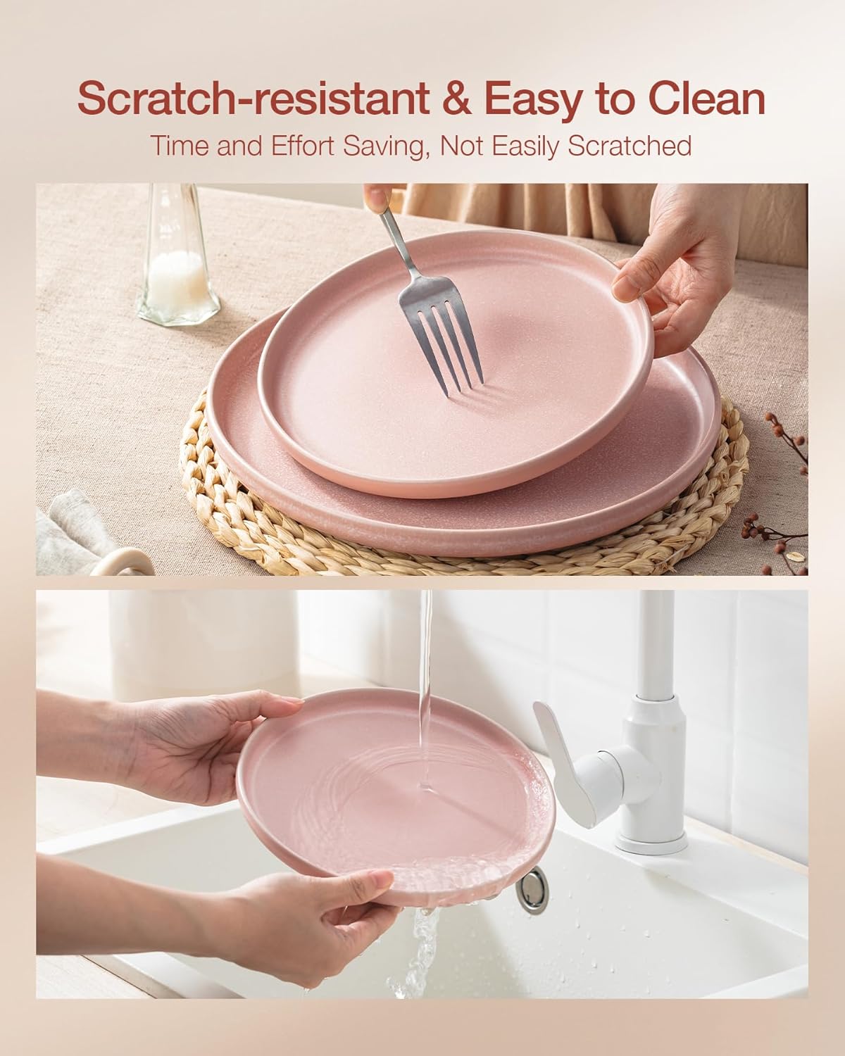 Famiware Milkyway Plates and Bowls Sets, 12 Pieces Dinnerware Sets, Reactive Glaze Dish Set, Stoneware Dishes Set for 4, Light Pink