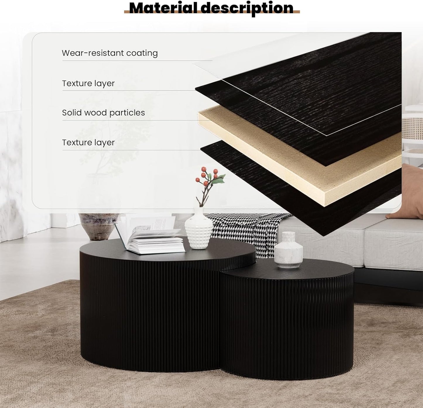 Round Nesting Coffee Table Set of 2 Handcraft Circle Fluted Nesting Coffee Tables Circular Side Table Drum Accent End Tables for Living Room Bedroom (Black Large)