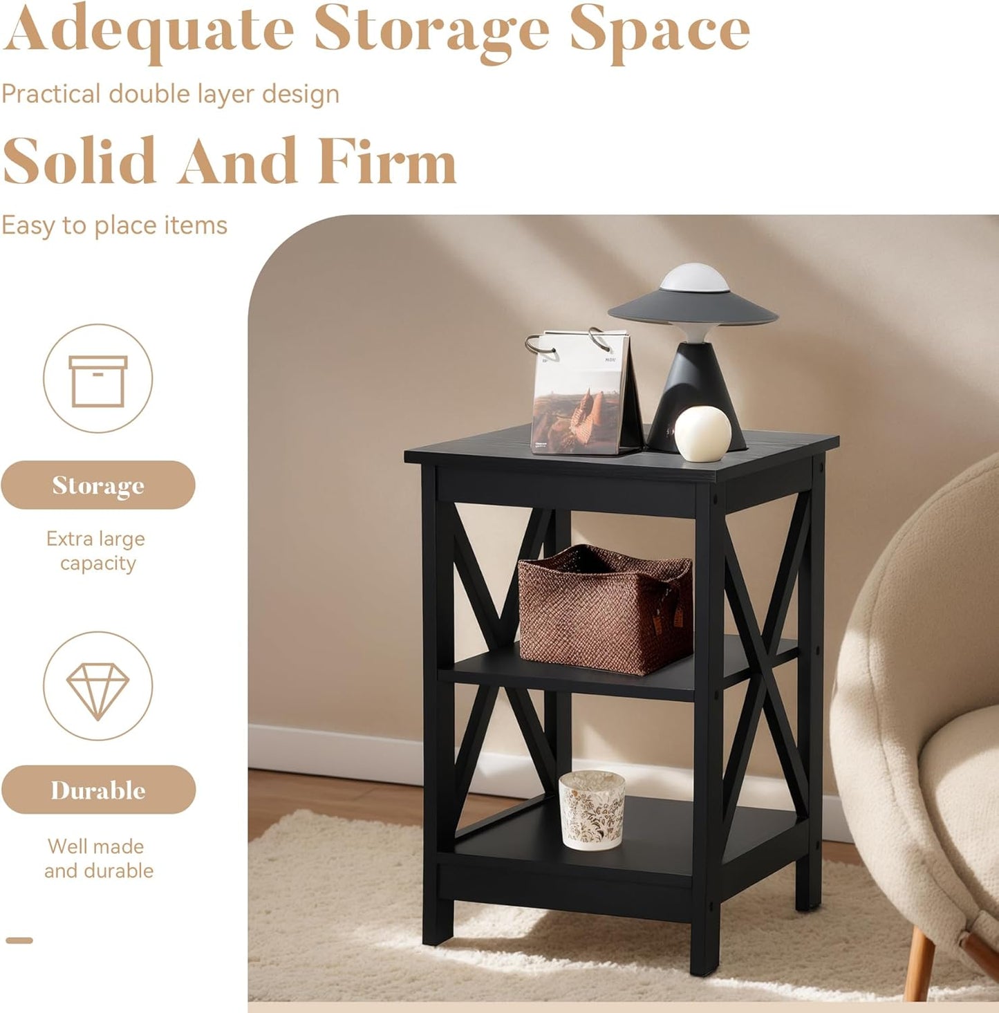 ALPHA HOME Side Tables Farmhouse End Table Set of 2, Small Bedside Tables 3-Tier Storage Shelf for Small Spaces, Couch End Tables, End Table for Living Room, Bed Room, Black