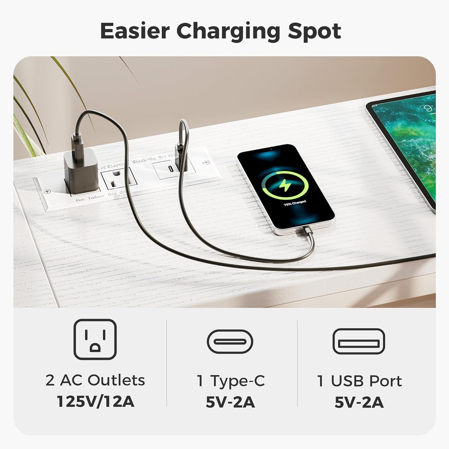 SUPERJARE 70 Inch Console Table with Outlet, Sofa Table with Charging Station, Narrow Entryway Table, Skinny Hallway Table, Behind Couch Table, for Living Room, White