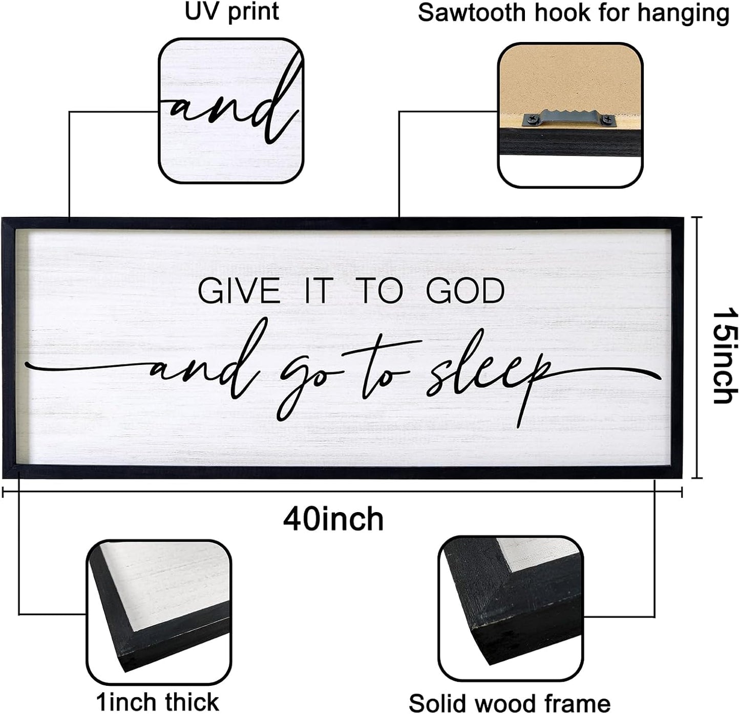 Give It to God and Go to Sleep Decorative Rustic Sign & Plaque Framed Wall Art for Couples, 40''×15'' Cottagecore Wooden Horizontal Wall Decor Above Bed, Vintage Farmhouse Wedding Gift for Bedroom