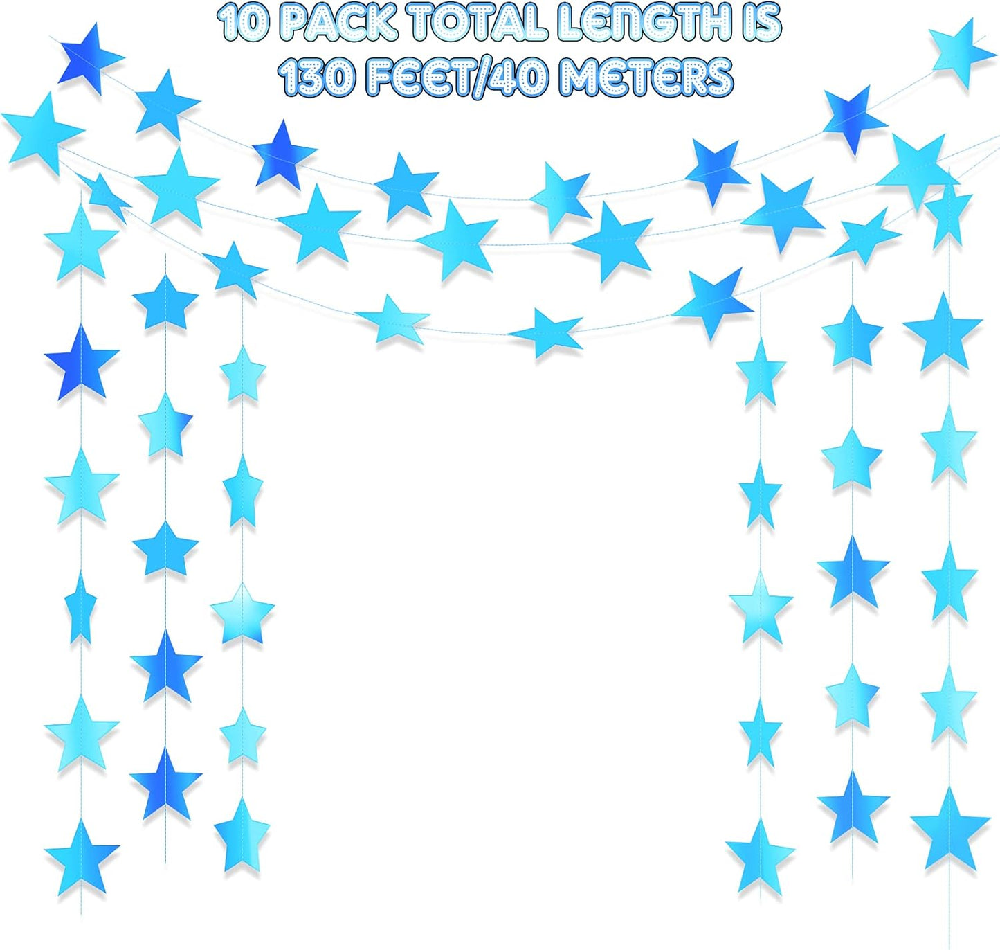 Patelai Glitter Star Garland Banner Decor 130 Feet Star Hanging Bunting Banner Twinkle Backdrop for Homecoming Classroom Wedding Birthday Halloween Christmas Party Supplies(Holographic Blue)