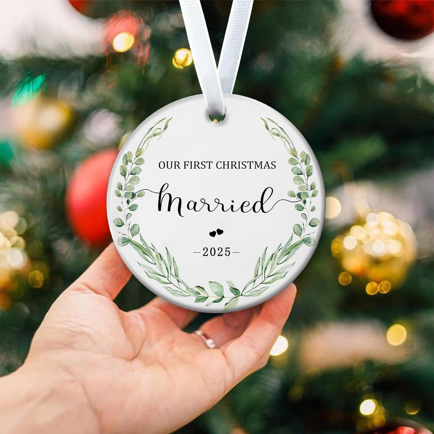 Christmas Ornaments 2025 Our First Christmas Married 2025 Ornament 1st Xmas Married Presents Newlywed Ornament Xmas Hanging Decor for Bridal Shower Wedding Gift 3 Inch Ceramic