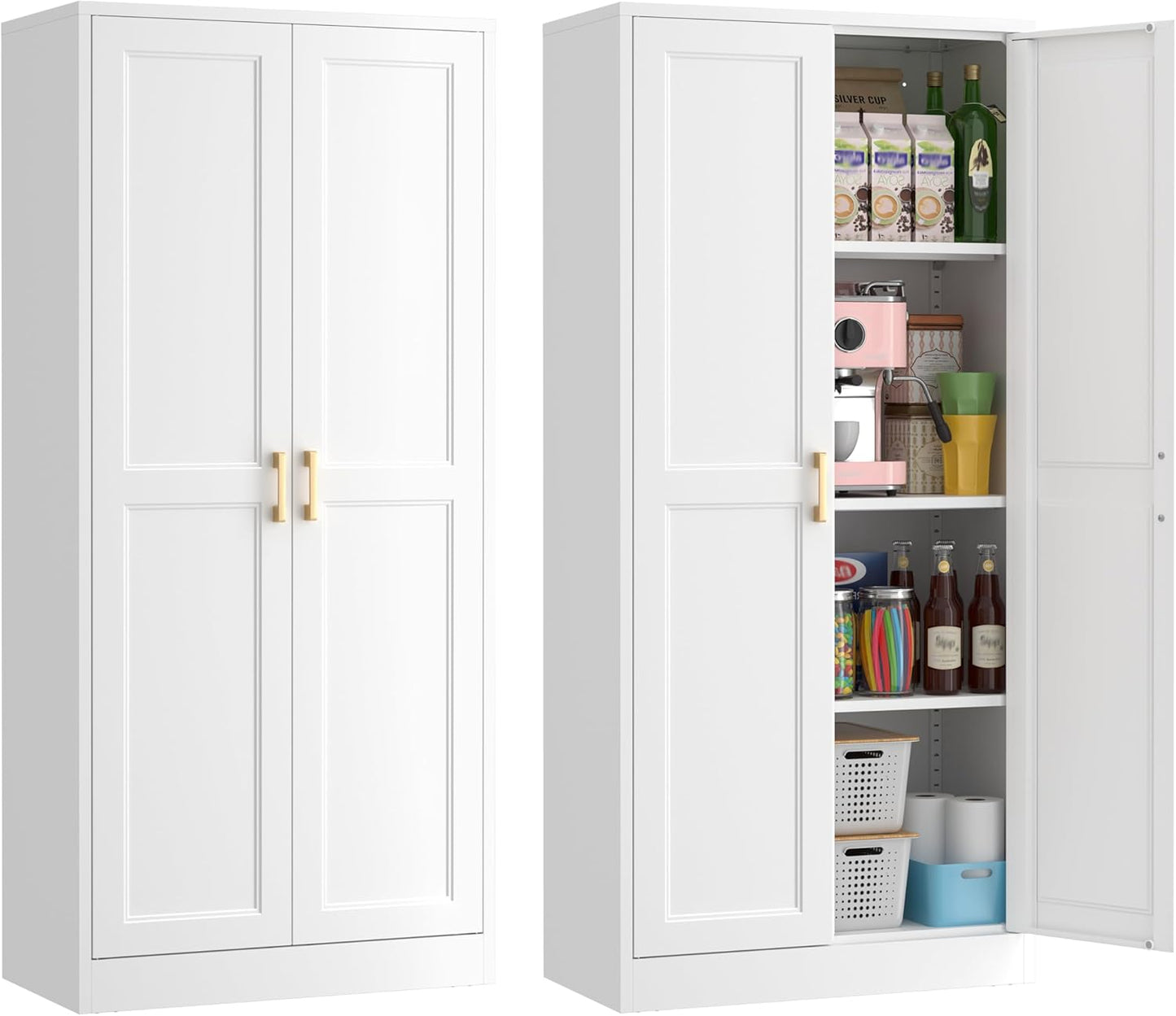 60" Tall Metal Pantry Cabinet, White Kitchen Pantry Storage Cabinet with 3 Adjustable Shelves and Gold Handles, Cupboard for Kitchen, Dining Room, Living Room, Bathroom