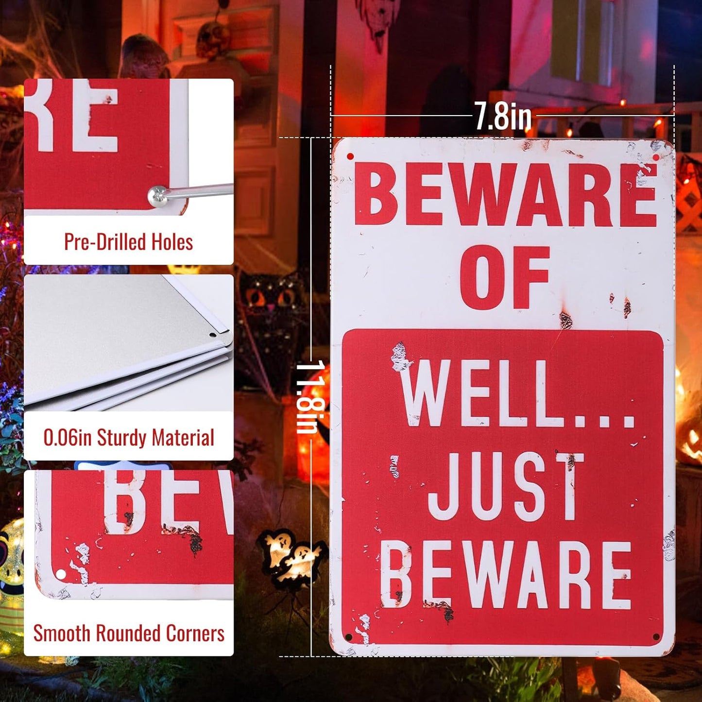 Alotpower Halloween Decorations Metal Tin Sign for Outdoor Yard, Garage Wall, Rustic Vintage Beware of Well Just Beware, 7.8x11.8in